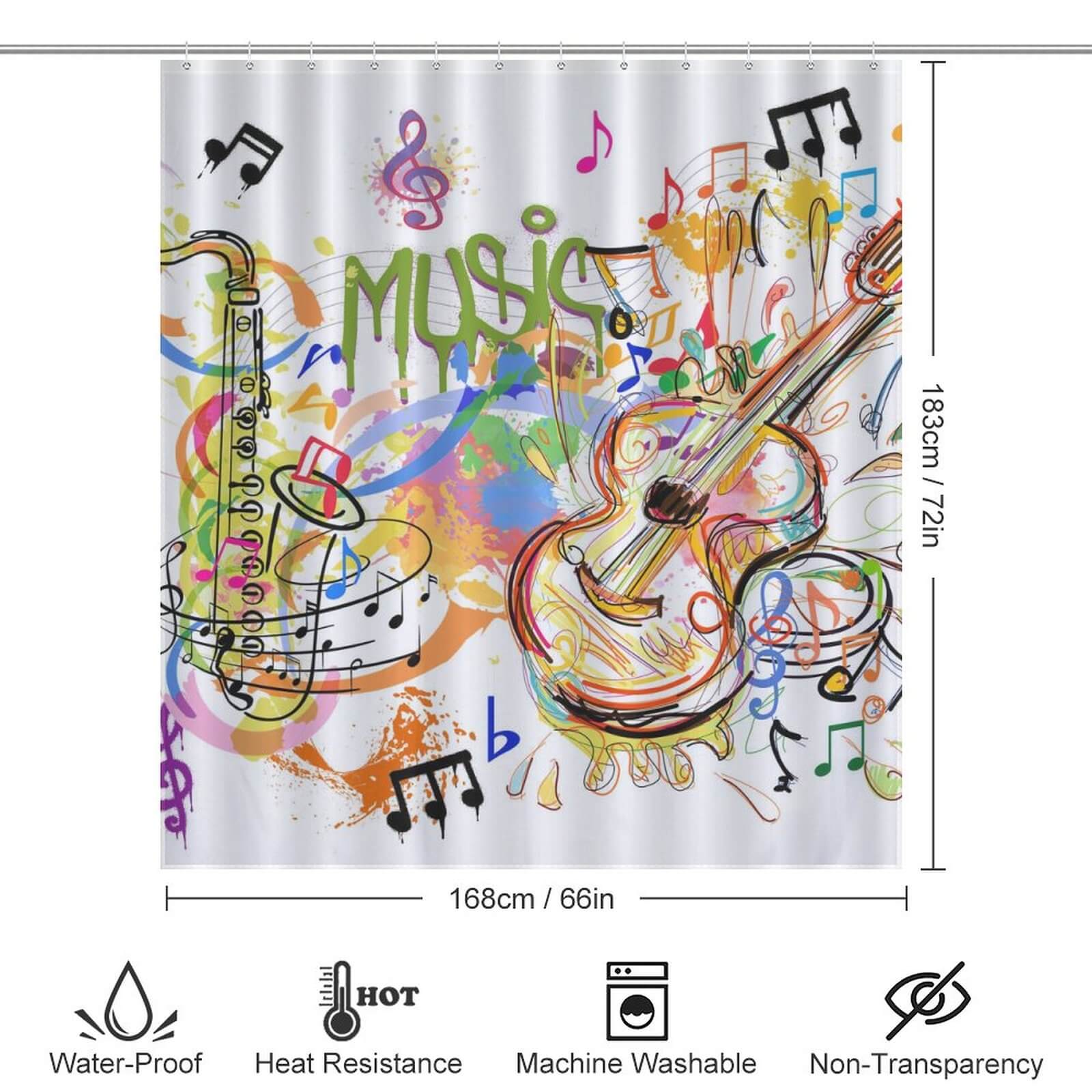 An eye-catching Graffiti Music Shower Curtain featuring graffiti-inspired music notes and a saxophone design by Cotton Cat.