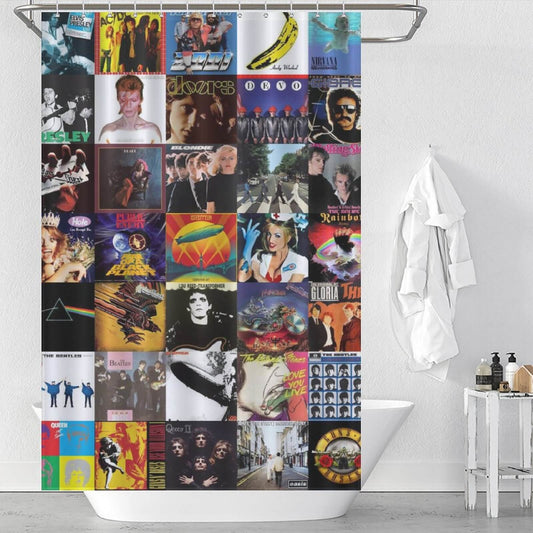 A Cotton Cat Music Album Shower Curtain adorned with an array of album covers, perfect for music enthusiasts.