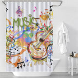 A vibrant Cotton Cat music shower curtain featuring a guitar design and graffiti-inspired music notes.