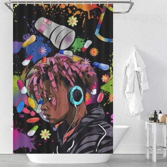 A Rapper Music Shower Curtain-Cottoncat, featuring an image of a girl wearing headphones with splatters, perfect for adding a unique touch to your bathroom decor.