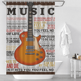 Elevate your bathroom decor with the Music Inspires Me Shower Curtain-Cottoncat by Cotton Cat, featuring a guitar design.