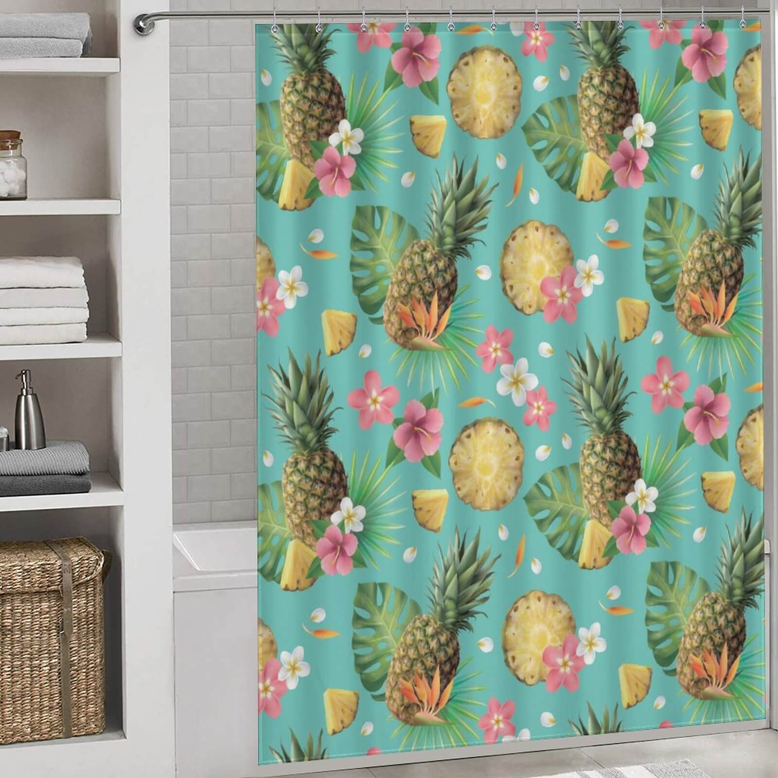 Transform your bathroom into a tropical paradise with this Floral Pineapple Shower Curtain-Cottoncat by Cotton Cat.