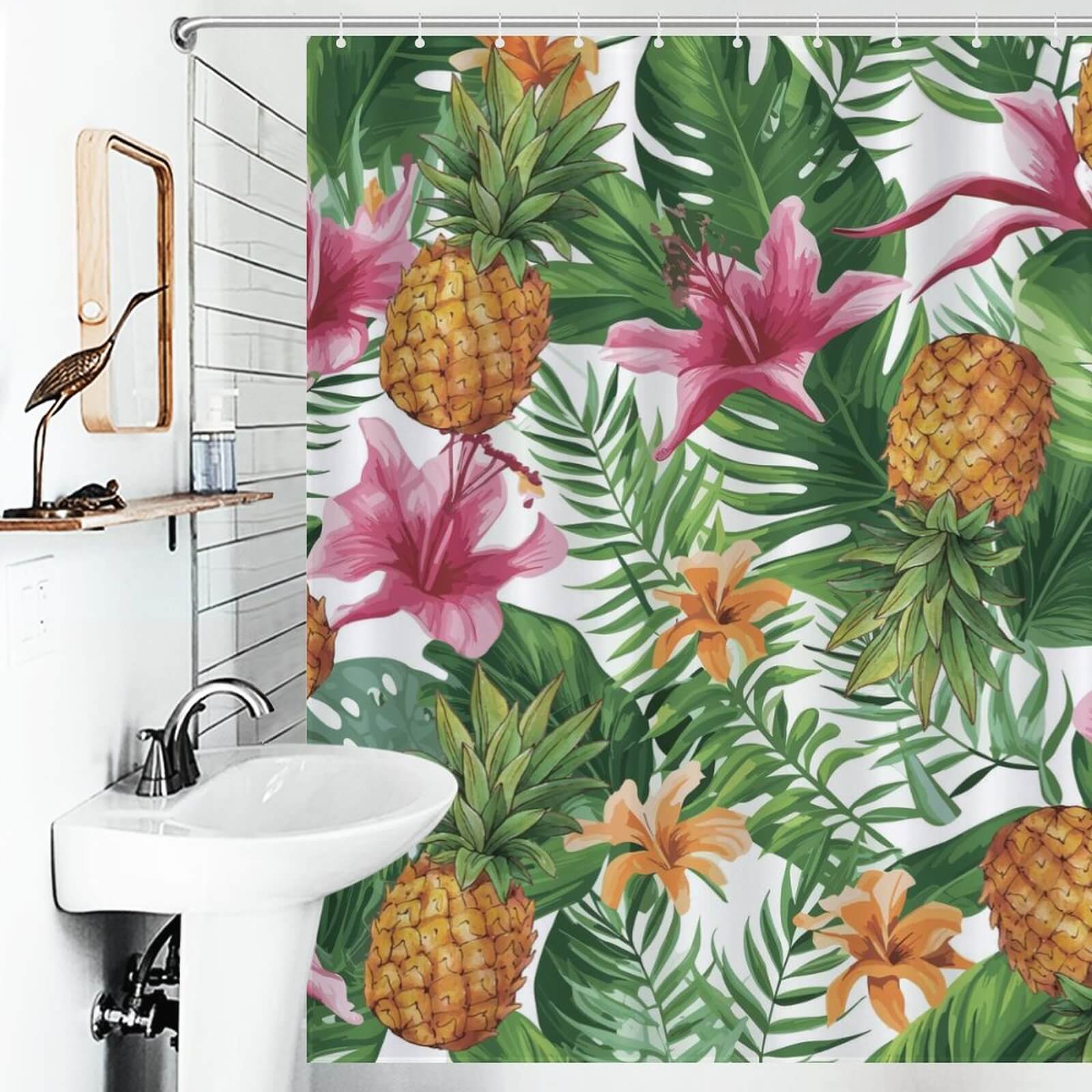 Add a touch of tropical oasis to your bathroom decor with this Tropical Pineapple shower curtain from Cotton Cat adorned with lilies.