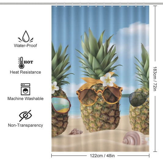 A Beach Pineapple Shower Curtain-Cottoncat with pineapples and sunglasses on the beach.