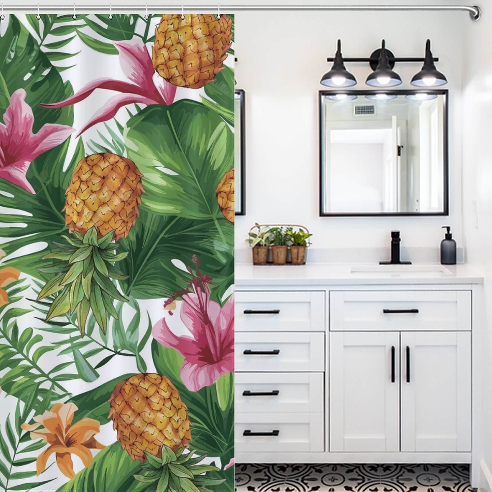 Transform your bathroom into a tropical oasis with the Tropical Pineapple Shower Curtain-Cottoncat by Cotton Cat featuring vibrant hibiscus prints. Perfect for adding a touch of exotic flair to your bathroom decor.