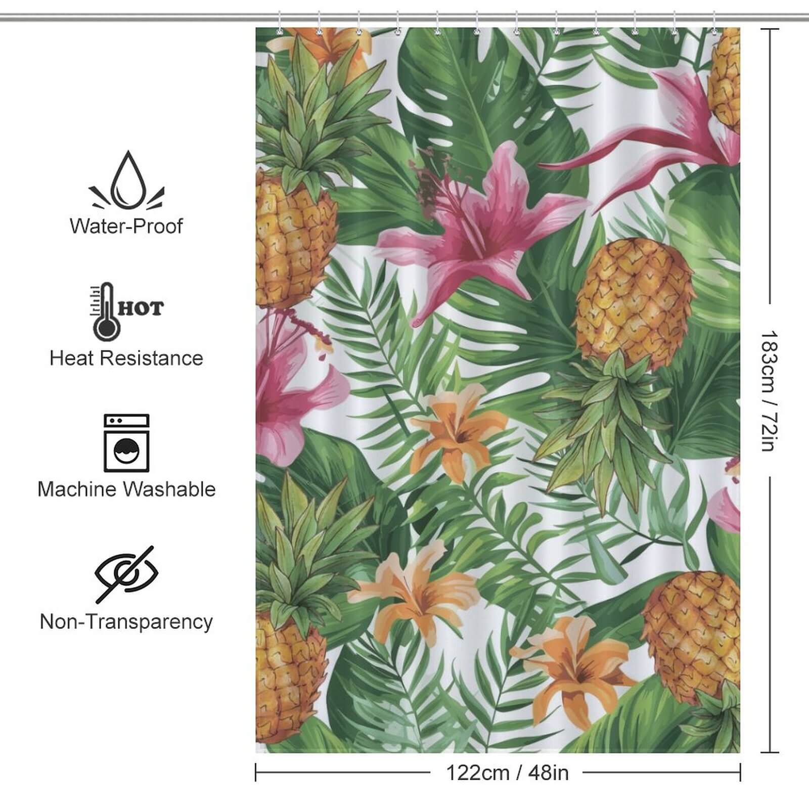 Transform your bathroom into a tropical oasis with the Tropical Pineapple Shower Curtain-Cottoncat by Cotton Cat. Featuring vibrant pineapples and lilies, it's the perfect piece to enhance your bathroom decor.