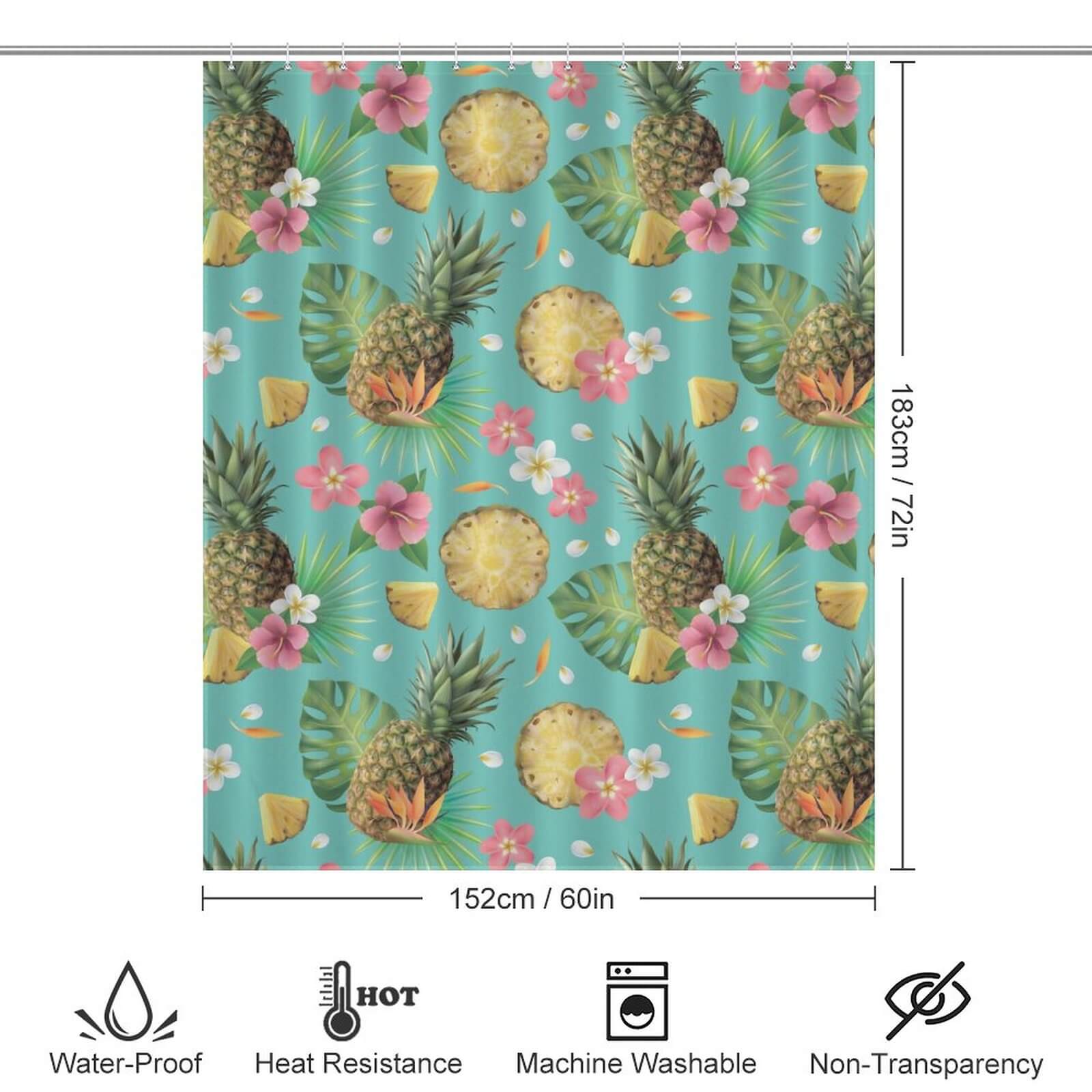Transform your bathroom into a beachy oasis with this Floral Pineapple Shower Curtain-Cottoncat. Embrace the tropical paradise vibes with this vibrant and tropical addition to your bathroom decor by Cotton Cat.