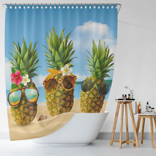 Three Beach Pineapple Shower Curtain-Cottoncat on the tropical beach.