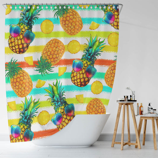 A Tropical Pineapple Shower Curtain with Cotton Cat brand, adding tropical charm.