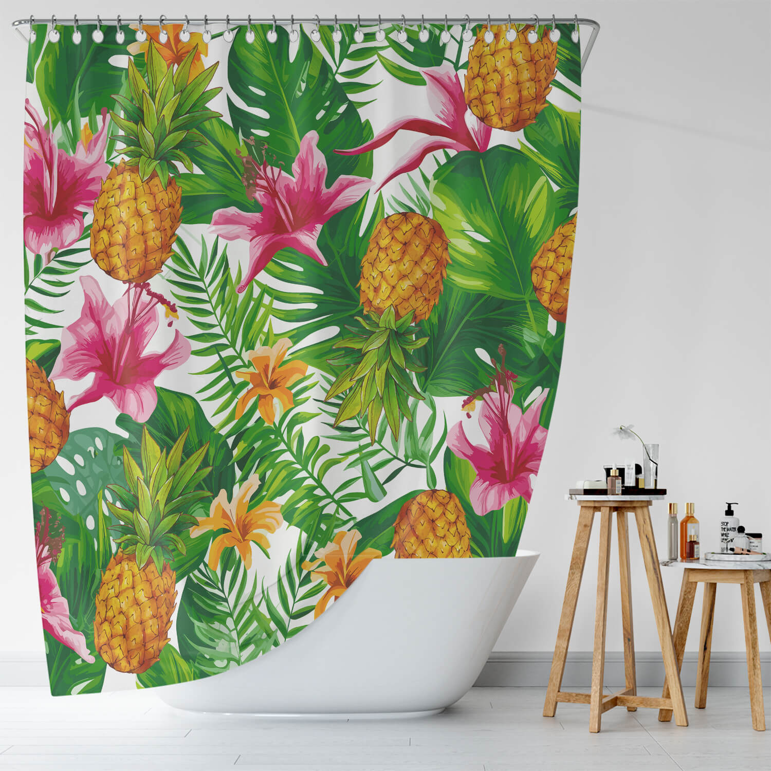 Transform your bathroom into a tropical oasis with the Tropical Pineapple Shower Curtain-Cottoncat by Cotton Cat featuring vibrant lilies. Refresh and update your bathroom decor instantly with this eye-catching Tropical Pineapple Shower Curtain-Cottoncat.