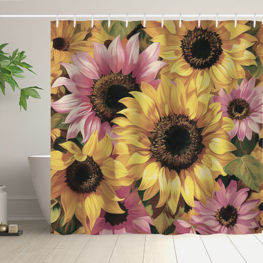 The Rustic Pink Sunflower Shower Curtain-Cottoncat by Cotton Cat features vivid sunflowers and green foliage, beautifully hanging in a modern bathroom with a white bathtub and potted plant. This polyester shower curtain perfectly complements farmhouse decor.