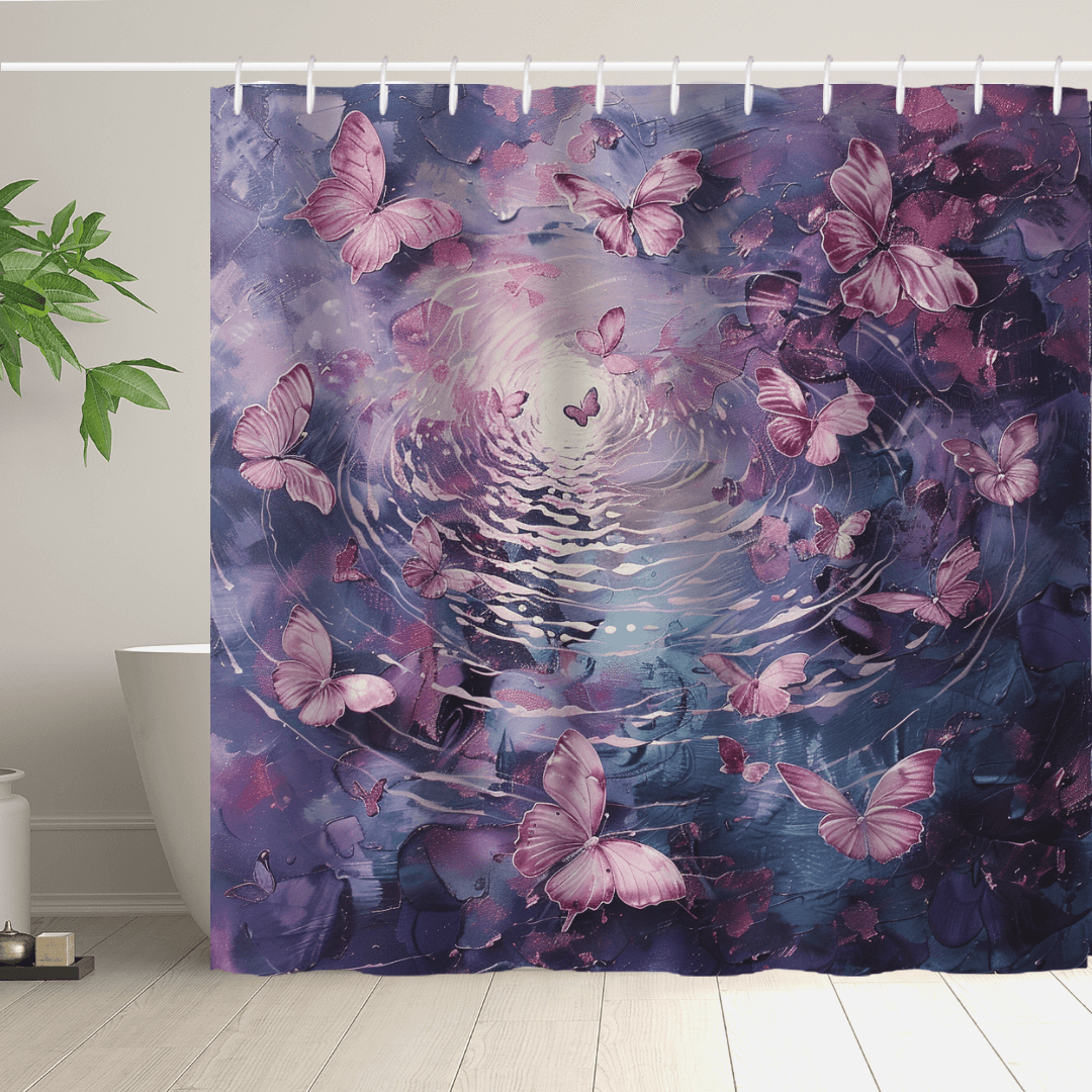 A captivating Pink Butterfly Flying over Water Shower Curtain by Cotton Cat hangs in a bathroom next to a bathtub and potted plant, showcasing an artistic design of pink butterflies surrounded by ripples in the water on a purple and blue backdrop. This elegant shower curtain not only enhances your bathroom decor but also features water-resistant fabric for added functionality.