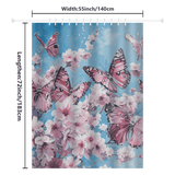 The Vintage Pink Butterfly Flying over Water Shower Curtain by Cotton Cat showcases an exquisite design of vintage pink butterflies and cherry blossoms against a blue background. With dimensions of 55 inches (140 cm) wide and 72 inches (183 cm) long, this water-resistant fabric shower curtain is perfect for adding a touch of elegance to your bathroom.