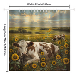 A brown and white cow sits in a sunflower field, while another cow grazes among sunflowers in the background. The rustic Farmhouse Cow Graze Sunflower Shower Curtain-Cottoncat by Cotton Cat measures 72 inches by 72 inches, making it perfect for adding charming and serene decor to your bathroom.