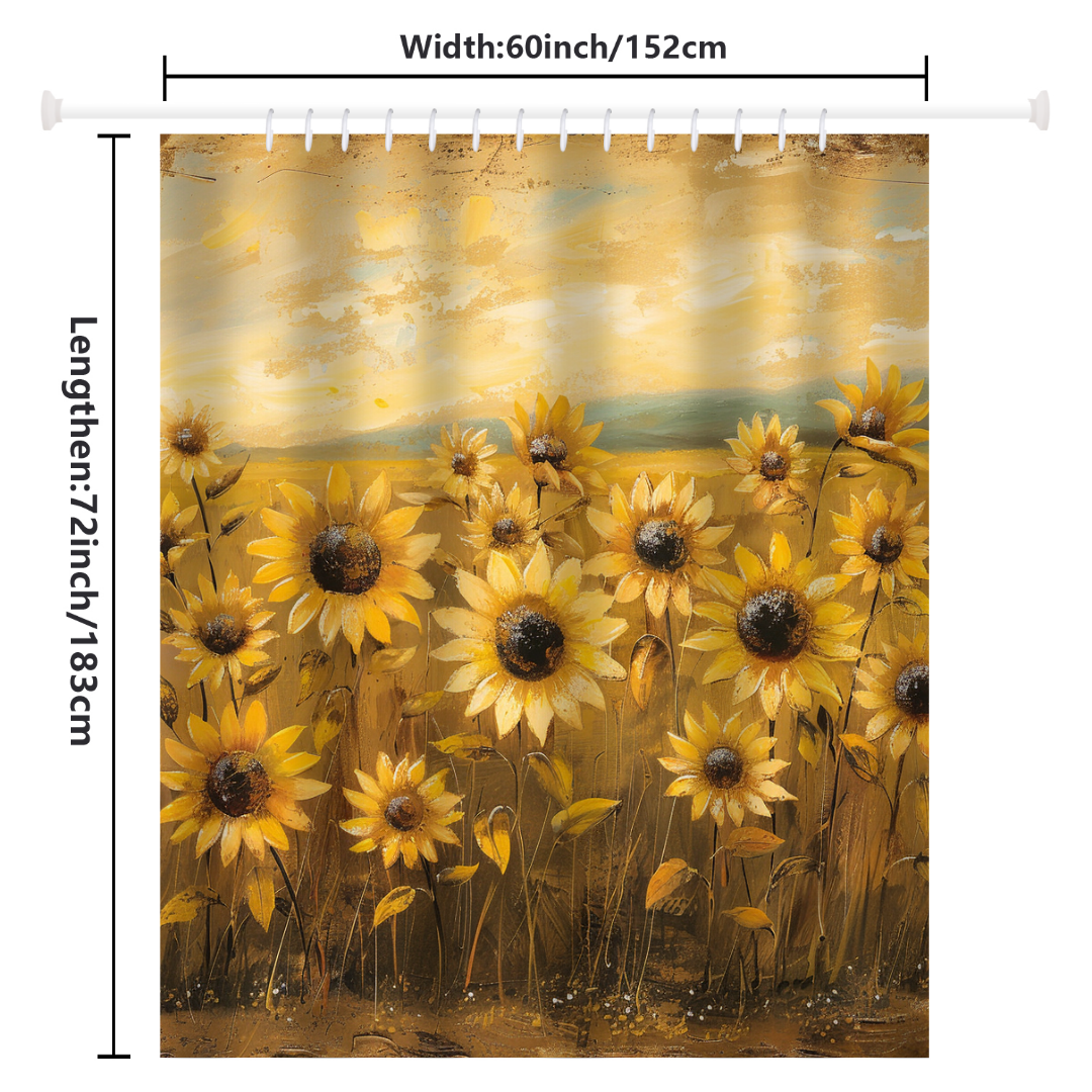 The Cotton Cat Rustic Retro Sunflowers Shower Curtain-Cottoncat showcases a field of sunflowers under a golden sky, making it perfect for farmhouse decor. This shower curtain measures 60 inches (152 cm) wide and 72 inches (183 cm) long.