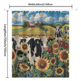 The Cotton Cat "Rustic Farmhouse Cow Sunflower Shower Curtain Blue Sky-Cottoncat" features a vibrant, rustic design of dairy cows standing among sunflowers with a blue sky backdrop. The shower curtain measures 66 inches (168 cm) in width and 72 inches (183 cm) in length.