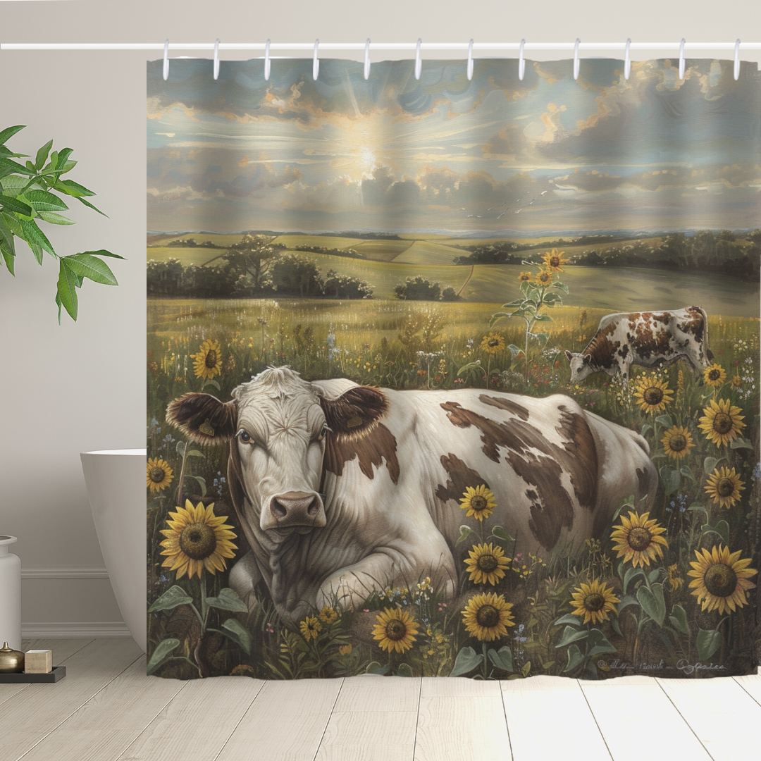 The Farmhouse Cow Graze Sunflower Shower Curtain from Cotton Cat features a tranquil rural landscape, depicting two cows relaxing amidst sunflowers in a field, with a bathtub and potted plant visible in the background.