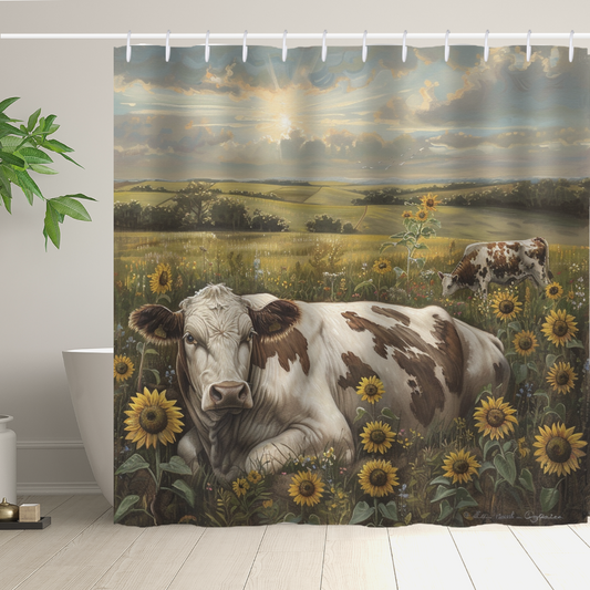 The Farmhouse Cow Graze Sunflower Shower Curtain from Cotton Cat features a tranquil rural landscape, depicting two cows relaxing amidst sunflowers in a field, with a bathtub and potted plant visible in the background.