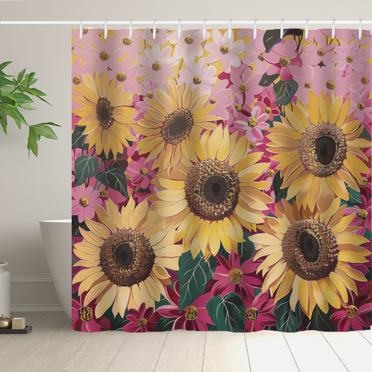 A Vintage Pink Cartoon Sunflower Shower Curtain by Cotton Cat features a high-quality polyester material and displays a vivid floral design with large sunflowers and pink blossoms set against a multicolored backdrop, adorning a bathroom with a white bathtub and a green potted plant.