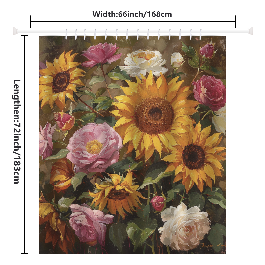 The Colorful Painting Sunflower Pink Roses Shower Curtain-Cottoncat by Cotton Cat showcases a floral tapestry featuring sunflowers and pink roses, with dimensions of 66 inches wide and 72 inches long - perfect for enhancing your bathroom decor.