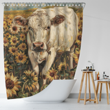 The Cotton Cat Farmhouse Cow in a Field of Sunflowers Shower Curtain-Cottoncat showcases a white cow surrounded by sunflowers, creating delightful bathroom decor with its depiction of the serene scene. It hangs gracefully in a bathroom featuring a white bathtub and wooden accessories.