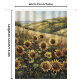 A field of sunflowers with rolling hills in the background, featured on the Whimsical Rustic Charm Sunflowers Shower Curtain - Cottoncat by Cotton Cat, adds whimsical rustic charm to your bathroom decor. The dimensions are 55 inches wide and 72 inches long.