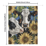 The Rustic Cow Sunflower with Green Leaf Shower Curtain by Cotton Cat features an illustration of two black and white cows amid sunflowers on a 55-inch wide by 72-inch long curtain, perfect for adding a farmhouse-themed, rustic look to your decor.