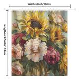 Introducing the Yellow Oil Paint Sunflower Pink Flower Shower Curtain from Cotton Cat! This artistic polyester curtain, measuring 66 inches in width and 72 inches in length, features a stunning oil paint design with sunflowers and pink flowers.