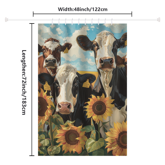 A charming and rustic addition to your bathroom, the Farmhouse Chic Cow Sunflower Shower Curtain-Cottoncat by Cotton Cat features a delightful print of cows and sunflowers. Measuring 48 inches in width and 72 inches in length, it's perfect for adding a touch of farmhouse charm to your shower space.
