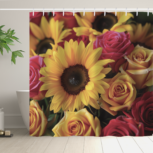 Introducing the Rustic 3D Sunflower Roses Shower Curtain by Cotton Cat, featuring a vibrant design of yellow sunflowers and red roses with a potted plant on the left side in a white-tiled bathroom, perfect for adding a touch of Farmhouse Bathroom Decor.