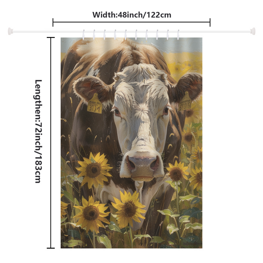 The Rustic Cow in a Field of Sunflowers Shower Curtain by Cotton Cat measures 48 inches in width and 72 inches in length, featuring a charming cow standing amidst a vibrant sunflower field.