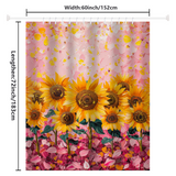 The Vintage Pink Watercolor Sunflower Shower Curtain with Artistic Paint-Cottoncat by Cotton Cat features a vibrant sunflower design against a pink background. Measuring 60 inches in width and 72 inches in length, it brings an artistic paint touch and vintage aesthetic to your bathroom decor.