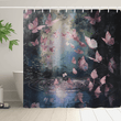 The Pink Butterfly Flying over Purple Water Shower Curtain from Cotton Cat showcases a surreal image of pink butterflies flying over a purple water pool set against a dark, forest-like background. This piece of bathroom decor incorporates vibrant colors and abstract elements, all crafted from water-resistant fabric.