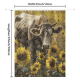 The Rustic Cow Yellow Sunflower Shower Curtain from Cotton Cat features a charming image of a cow standing in a field of sunflowers, making it ideal for farmhouse bathroom decor. The curtain dimensions are 55 inches (140 cm) in width and 72 inches (183 cm) in length.