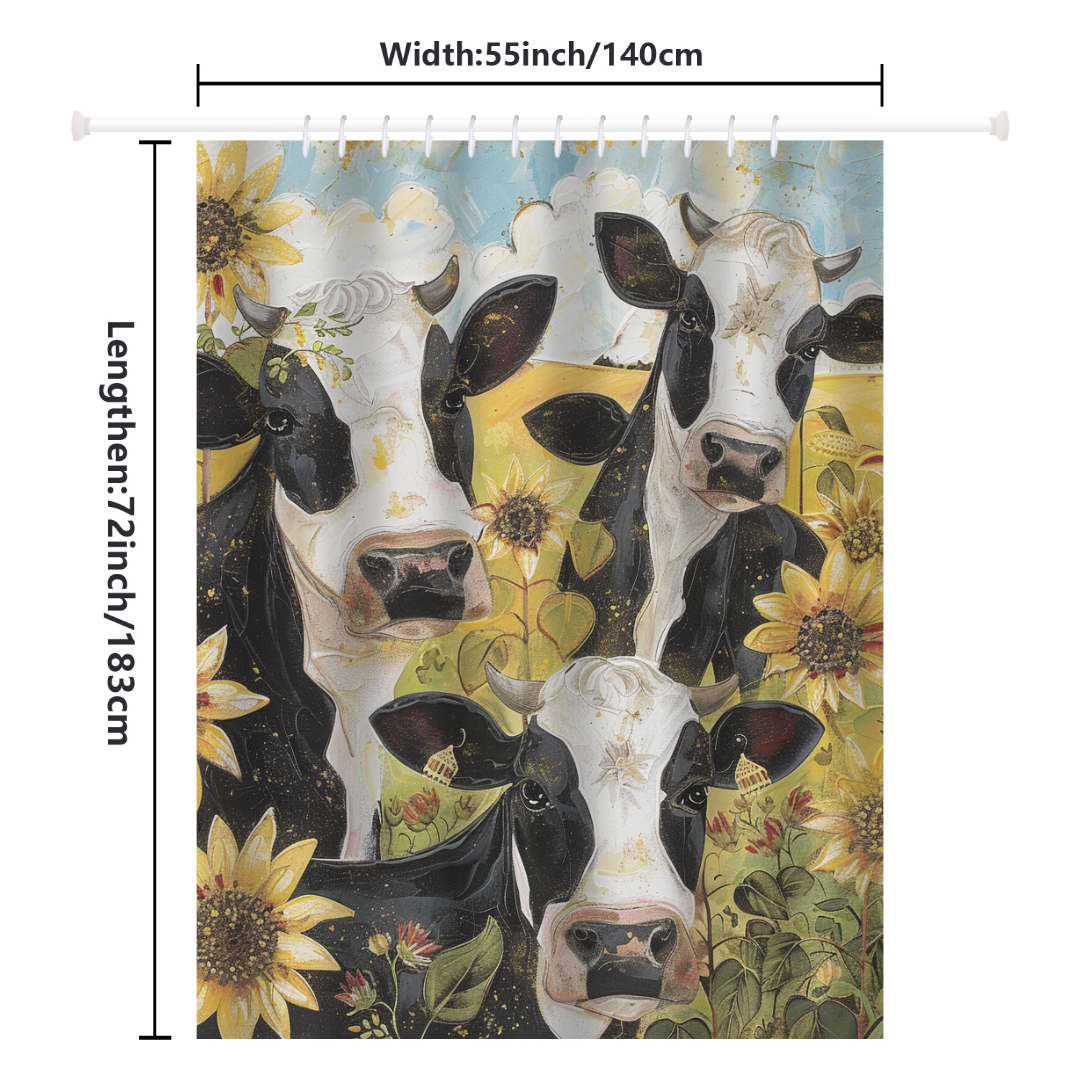 Introducing the Rustic Cheerful Painting Cow Sunflower Shower Curtain-Cottoncat by Cotton Cat, featuring a joyful design of three black and white cows alongside vibrant sunflowers. Made from durable polyester, this lovely curtain measures 55 inches (140 cm) wide by 72 inches (183 cm) long.