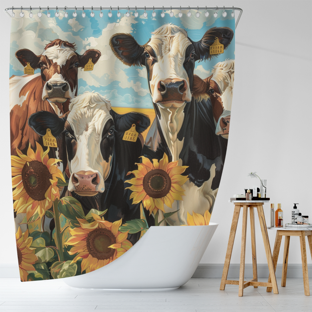 The Cotton Cat Farmhouse Chic Cow Sunflower Shower Curtain-Cottoncat, featuring charming Cow Sunflower illustrations with yellow ear tags against a blue sky background, creates a delightful farmhouse chic look in a white bathroom with a freestanding bathtub and a wooden stool holding toiletries.