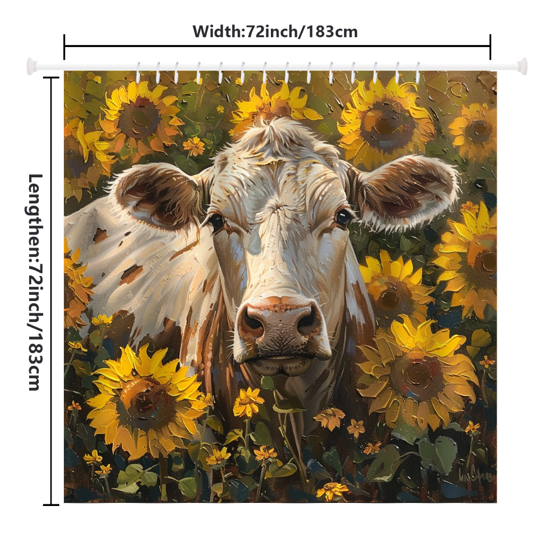 The Farmhouse White Cow in a Field of Sunflowers Shower Curtain by Cotton Cat features a charming white cow surrounded by vibrant sunflowers. It measures 72 inches by 72 inches (183 cm by 183 cm).