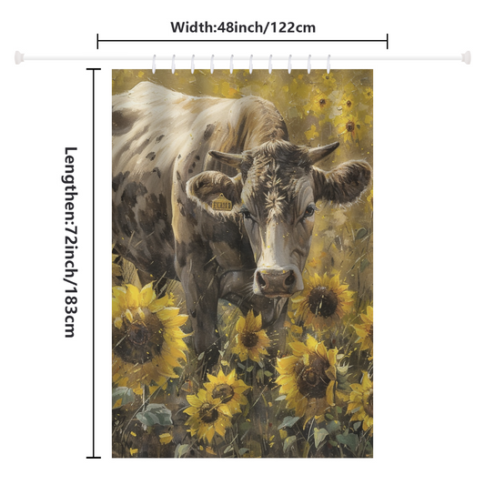 The Rustic Cow Yellow Sunflower Shower Curtain-Cottoncat by Cotton Cat, measuring 48 inches in width and 72 inches in length, features a charming cow standing amidst yellow sunflowers – an ideal addition to your farmhouse decor.