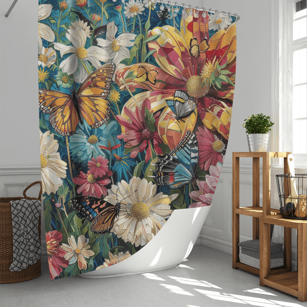 The Colorful Blue Butterfly Garden Shower Curtain-Cottoncat from Cotton Cat showcases a vibrant floral design with various flowers and butterflies, perfect for brightening up any bathroom. This charming piece of decor is beautifully complemented by a wicker basket and wooden shelves adorned with potted plants.