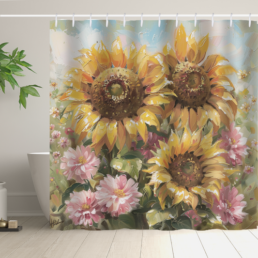 The Cotton Cat Artistic Oil Painting Pink Floral Sunflower Shower Curtain showcases three large sunflowers and several pink flowers, with a potted plant beside a white bathtub in the background. Crafted from premium polyester, it adds a touch of elegance to any bathroom décor.