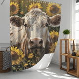 The Cotton Cat Farmhouse White Cow in a Field of Sunflowers Shower Curtain adds charm to your bright bathroom with its illustration of a white cow's face surrounded by sunflowers. A brown wicker basket and wooden shelving unit complete the sunflower bathroom decor.