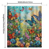 The Cotton Cat whimsical Colorful Blue Butterfly Shower Curtain-Cottoncat features a vibrant scene of butterflies and flowers. Crafted from high-quality, water-resistant fabric, it transforms your bathroom into a vibrant sanctuary. Dimensions are 60 inches wide by 72 inches long (152 cm by 183 cm).