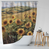 A Cotton Cat "Rustic Sunflowers Grasses Gentle Hills Shower Curtain" hangs in a bathroom above a white bathtub, complemented by a wooden stool adorned with various toiletries, creating charming bathroom decor.