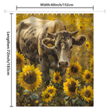 A rustic scene of a brown and white cow among sunflowers in a field adorns the Cotton Cat Rustic Cow Yellow Sunflower Shower Curtain. Measuring 60 inches in width by 72 inches in length, this shower curtain is perfect for adding charming farmhouse decor to your bathroom.