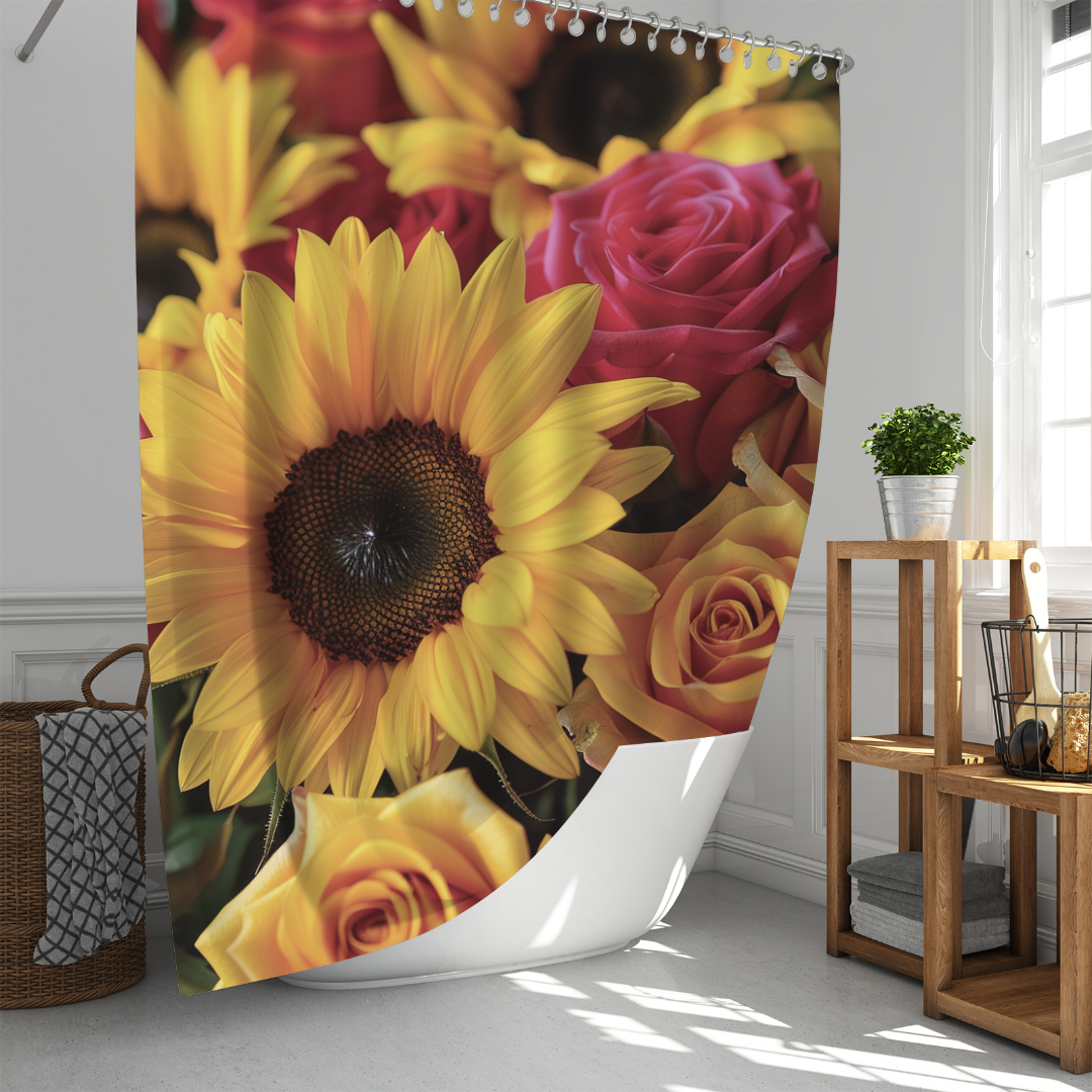 Transform your bathroom with the **Cotton Cat Rustic 3D Sunflower Roses Shower Curtain**, adorned with a vibrant floral design featuring sunflowers and roses. Perfectly paired with a wicker laundry basket and a wooden shelf, it adds a touch of farmhouse bathroom decor to your space.