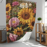 The Cotton Cat Colorful Painting Sunflower Pink Roses Shower Curtain by Cottoncat features vibrant sunflowers, pink roses, and other flowers, perfect for brightening up a well-lit bathroom. This stunning piece of bathroom decor is beautifully complemented by a wooden shelf holding a plant and toiletries.