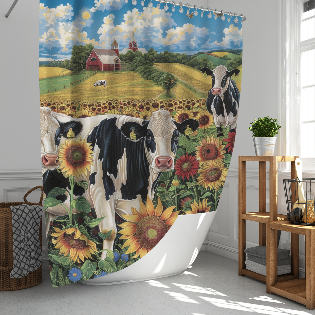 A bathroom adorned with the Rustic Farmhouse Cow Sunflower Shower Curtain Blue Sky-Cottoncat by Cotton Cat, featuring cows and sunflowers in a quaint farm setting, complemented by a nearby window, plant, wooden shelf, and laundry basket.