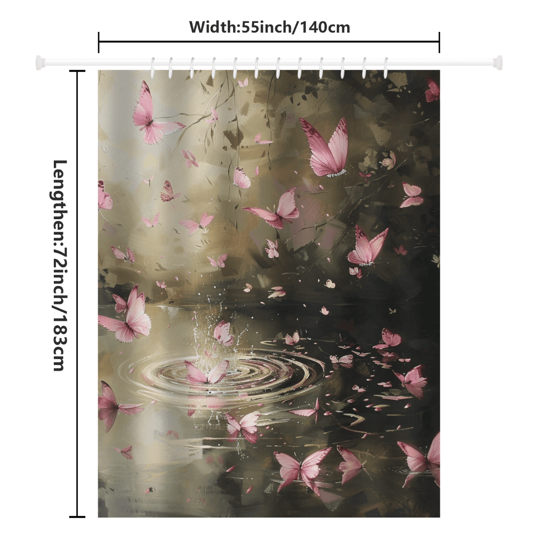 The Pink Butterfly Flying over Forest Water Shower Curtain by Cotton Cat features delicate butterflies flying over a pond with rippling water. Measuring 55 inches wide and 72 inches long, it adds a touch of serene beauty to your space.