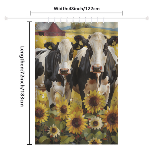 The Cotton Cat Farmhouse Black White Cow Sunflower Shower Curtain showcases two black and white cows standing in a vibrant sunflower field with a barn in the background. It measures 48 inches in width and 72 inches in length.