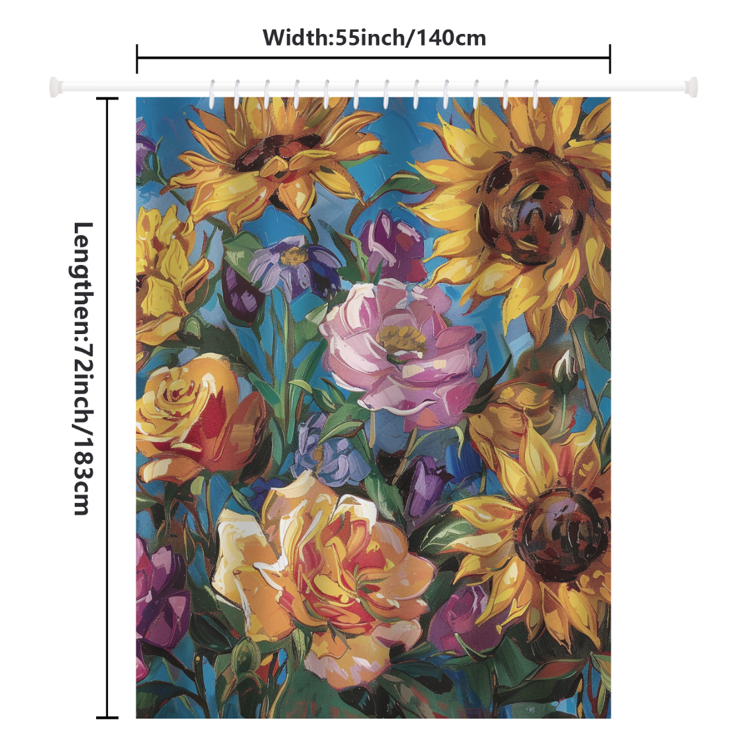 The Colorful Purple Floral Sunflower Shower Curtain Blue Sky-Cottoncat by Cotton Cat is a vibrant polyester curtain showcasing colorful sunflowers and other flowers. This refreshing floral shower curtain, measuring 55 inches (140 cm) in width and 72 inches (183 cm) in length, adds a lively touch to any bathroom.